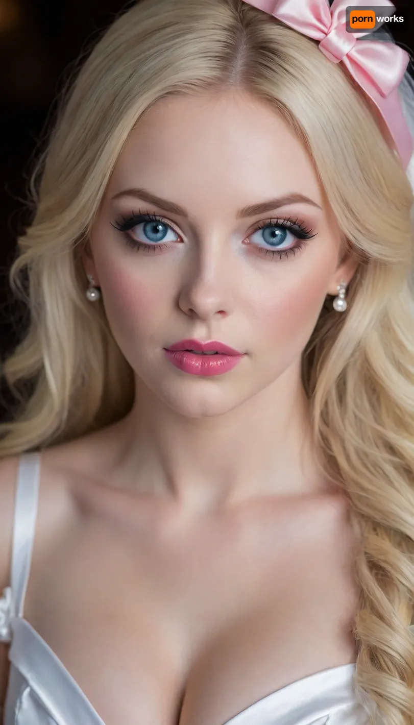 ((Ultimate realistic photo)), ((detailed face)), ((Extremely gorgeous gothic girl Bride)), ((wearing ultra tight wedding dress)), (((pale white skin))), ((extreme cuteness)), ((extreme blonde hair)), ((white ribbon bow in her hair)), (oiled skin), full lips, puffy lips, (red lip gloss), (huge tits), (huge ass), (perky tits), pointy nipples, (big hips), (big thighs), ((pretty pink pussy)), ((bright blue eyes)), eyes open, (hard lighting), (perfect mouth), ((perfect lips))