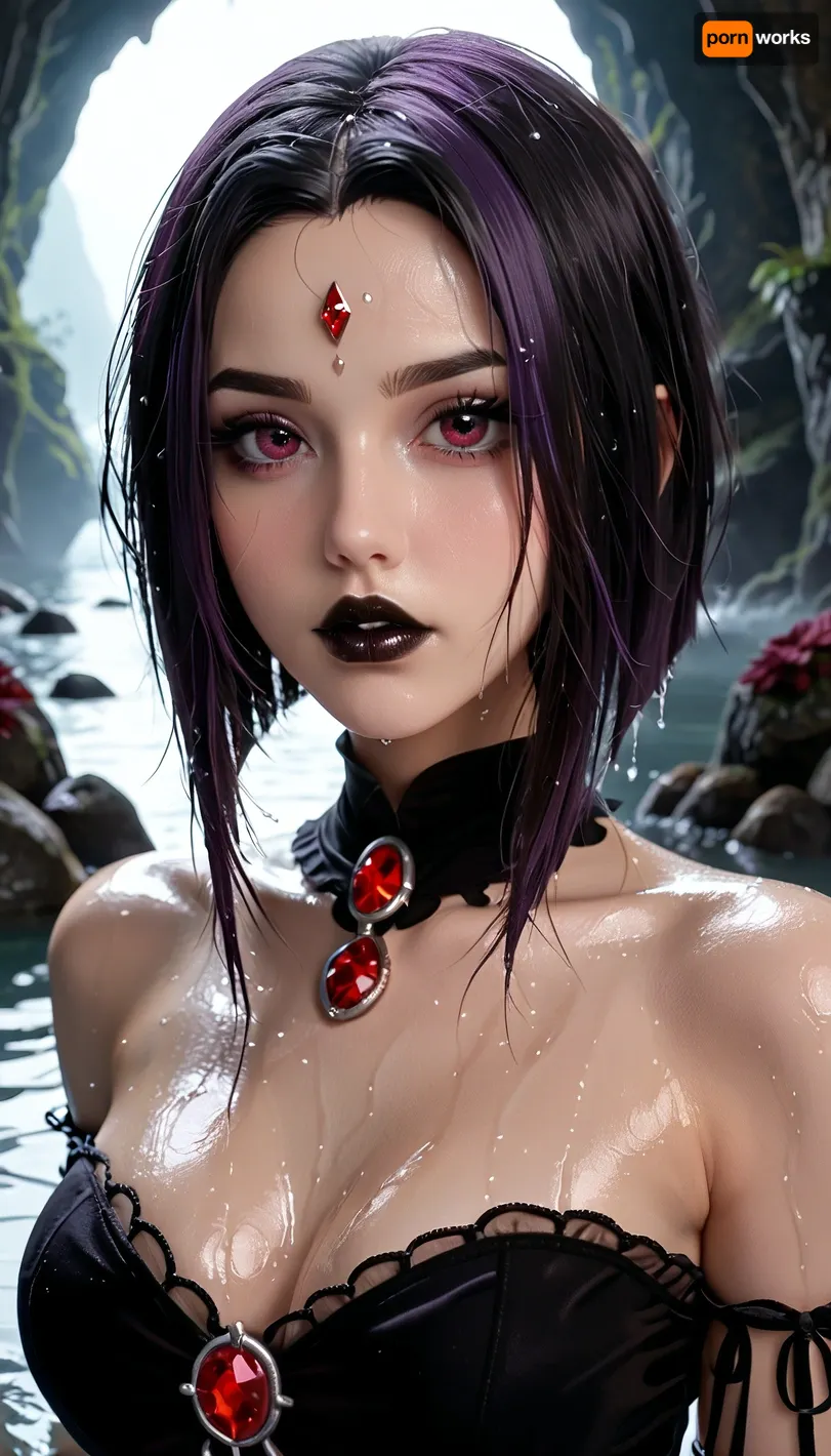 20 years old girl, wearing a black see-through loose gothic dress, Raven photo from Titans, gothic aesthetic, dark hair, purple irises, big lips, black lipstick, red diamond on forehead, (wet body), in a dark cave