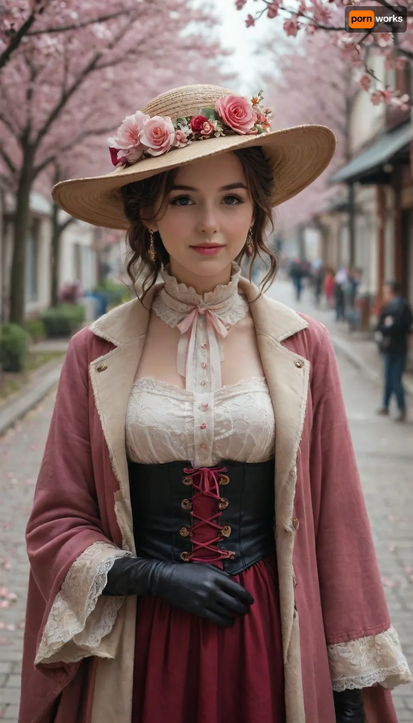 A tall, exquisitely elegant woman of the Victorian era, dressed in a very long fitted peach-colored coat with a high collar, leather gloves and a wide-brimmed hat. She is strolling along cherry blossom Street in spring Tokyo, bathed in soft diffused light that creates a steampunk atmosphere. Cherry blossoms, The atmosphere of spring, joy, happiness, kindness, a masterpiece composition