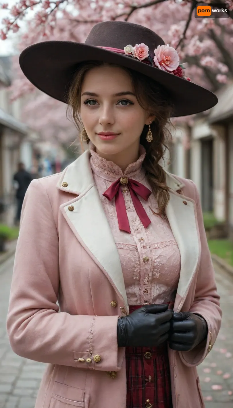 A tall, exquisitely elegant woman of the Victorian era, dressed in a very long fitted peach-colored coat with a high collar, leather gloves and a wide-brimmed hat. She is strolling along cherry blossom Street in spring Tokyo, bathed in soft diffused light that creates a steampunk atmosphere. Cherry blossoms, The atmosphere of spring, joy, happiness, kindness, a masterpiece composition