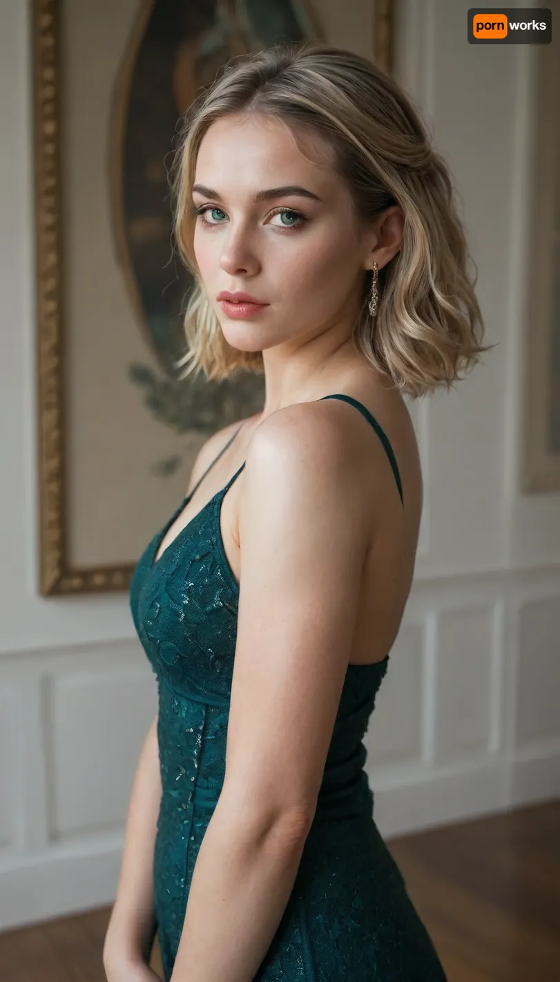 A woman in her thirties, with striking features, blonde hair, piercing green eyes, a prominent forehead, a large straight nose, and defined cheekbones. Her bob hairstyle is elegantly styled with bangs, complementing the evening makeup she wears. She dons a luxurious floor-length dress, crafted from dark green velour. This image, whether a painting or photograph, captures the woman's beauty in exquisite detail, showcasing high quality and attention to intricacies.