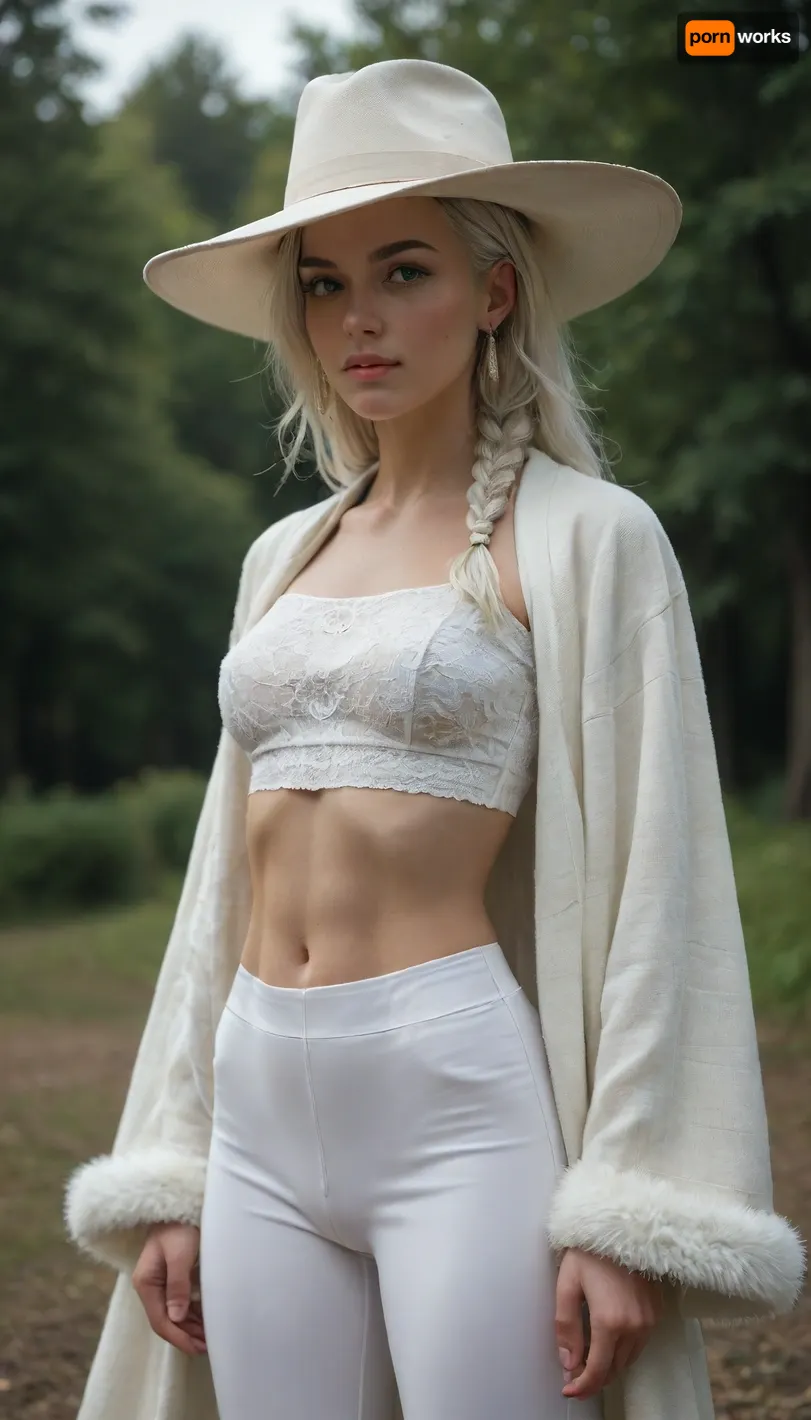 An 18-year-old, very fit, very athletic, slender, white woman with blue eyes, wearing a tall white hat, a white fur cape, tight white trousers and a white bandage on her chest, with short white hair braided