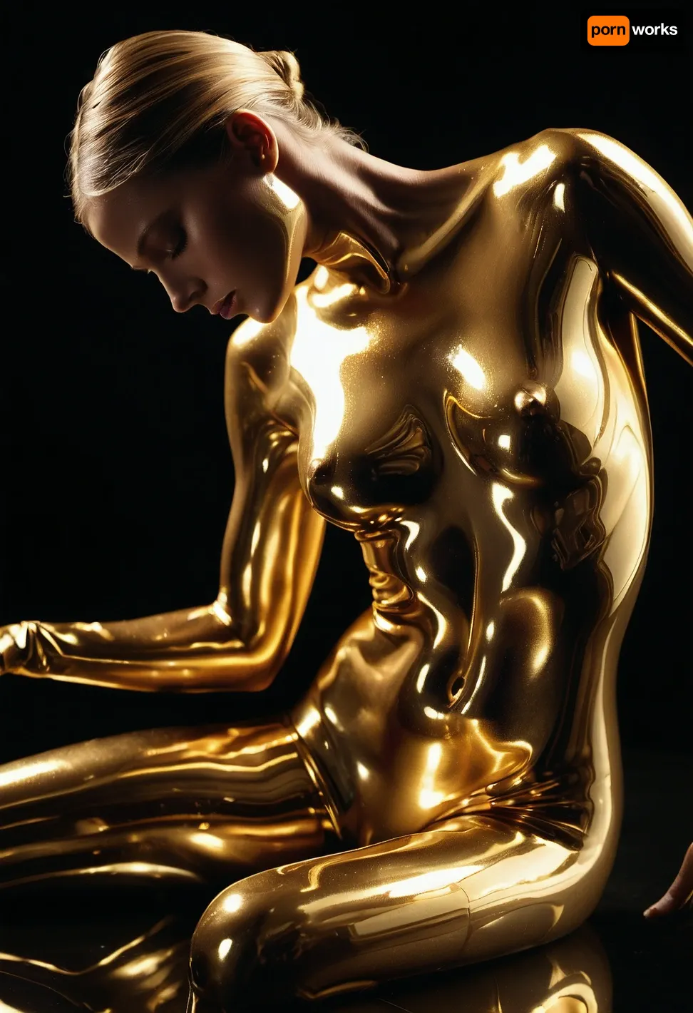 "A human figure partially enveloped in flowing liquid metal, resembling molten gold or mercury. The metallic surface reflects light dynamically, creating a surreal and futuristic aesthetic. The metal seamlessly merges with the skin, forming intricate patterns and organic shapes. Dramatic cinematic lighting, ultra-detailed, hyper-realistic, smooth reflections, futuristic and artistic composition."