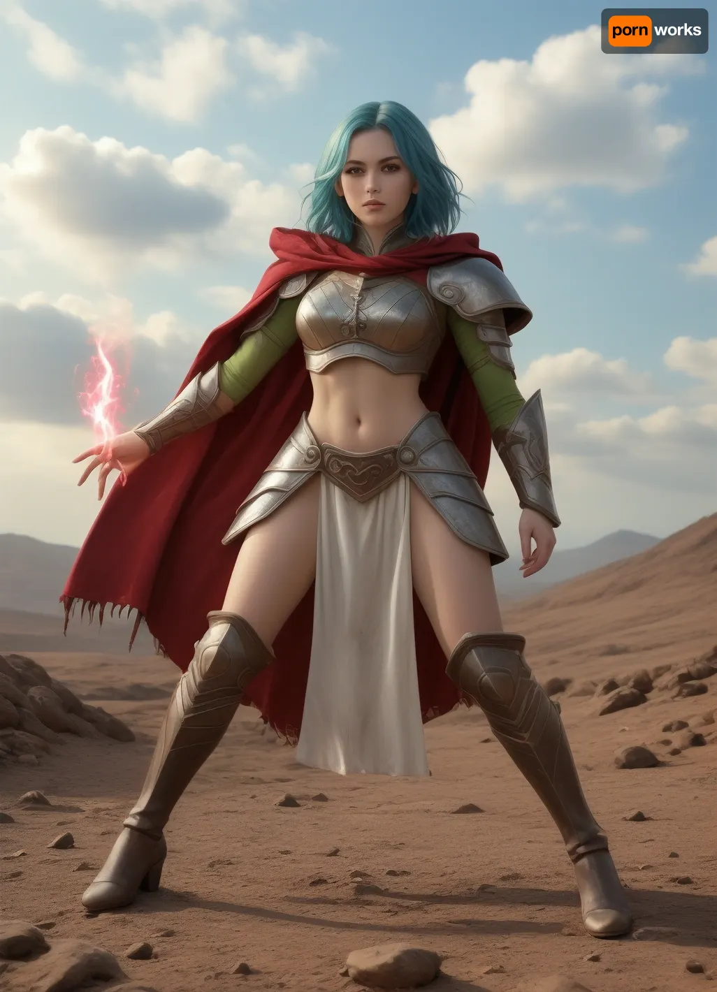 Elven woman with striking green skin and impossibly long sky-blue hair that flows past her waist. She wears light metallic armor with intricate patterns, paired with high brown boots. Her elven ears are clearly visible above her hairline. The armor consists of lightweight plates that allow for easy movement, designed with both functionality and elegance in mind.

Her face features high cheekbones and a sharp jawline characteristic of elvenkind. Eyes are large and expressive with a luminous jade-green hue, perfectly arched eyebrows framing them. Lips are naturally full, with a healthy pink tone. Her expression is calm yet determined, suggesting confidence and readiness.

The fabric of her cloak moves gently in the desert breeze, showing realistic folds and texture. Armor details include etched runes and fine craftsmanship, reflecting moonlight subtly. Hair strands catch the sunlight, creating natural highlights while maintaining its ethereal blue color. Every detail from fingernails to toe caps shows meticulous attention to realism and fantasy elements combined., bloodmagic, swirling, blood, magic, hannahowo, greg, rutkowski, <lora:greg_rutkowski_xl_2:2>