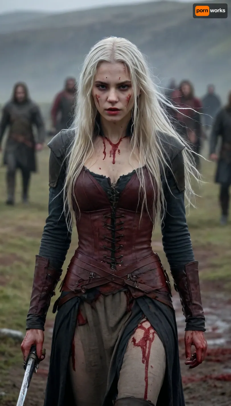 young 21-year-old girl with long white hair covered in blood walking on a battlefield with a knife in her hand in the Scottish islands, medieval setting, realistic style, detailed landscape, soft lighting, dramatic atmosphere, dead soldiers scattered everywhere, foggy morning, detailed faces, perfect anatomy, clear focus, photorealistic quality, resolution 8k, intricate clothing details, natural surroundings, dark colors, expressive face, loose hair, delicate facial features, tragic expression, cold weather effects, bloodstains on the ground, destroyed armor parts, broken weapons, realistic physics, cinematic composition, masterfully drawn art Covered in blood, 80shorror, everywhere, background, bleeding, vessel, vampire, sharp, fangs, bloodyface, <lora:lora-bloodyface-lite:.6>