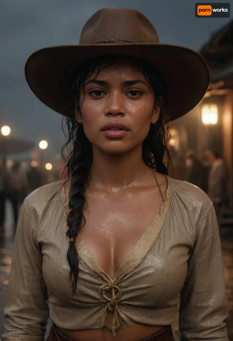 (sweaty wet oiled skin), Filipino Bengali woman with wavy tied hair wearing rdr 2 style 1899 cowgirl outfit in wild west setting with clothed European and african tourists holding her at night sweating a lot and getting wet in rain, raining atmosphere, (uneven skin tone), ((magazine title cover page, sweaty wet skin edition))