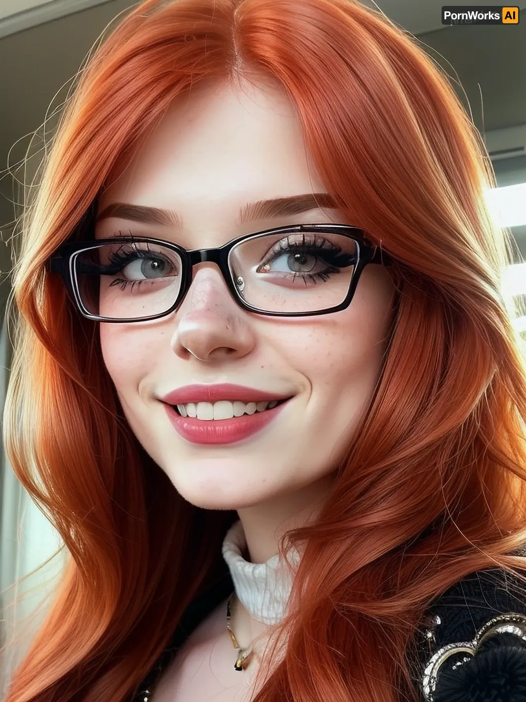 Close-up portrait. Russian girl, e-girl, 25 years old, natural redhead, long eyelash, lovely smile, long straigh hair. nerd big glasses with thick frame, Cinematic, warm light., 3g1rlmak3up, eyeliner, nose, freckles, lipstick, caricature, <lora:3g1rlmak3up:.5>, <lora:caricature_v2:.5>