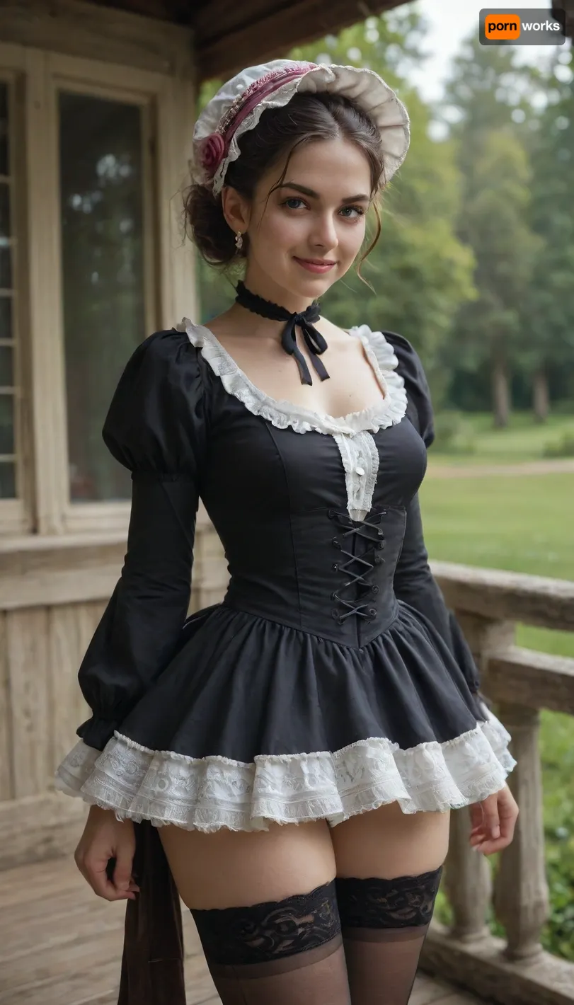 female goblin, Victorian dress, bonnet, stockings, smirk, wink, thick thighs, Victorian gazebo