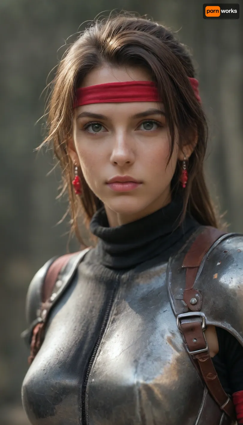 Jessie Rasberry from Final Fantasy VII with brown hair and a red headband and metal armor from the game Final Fantasy VII