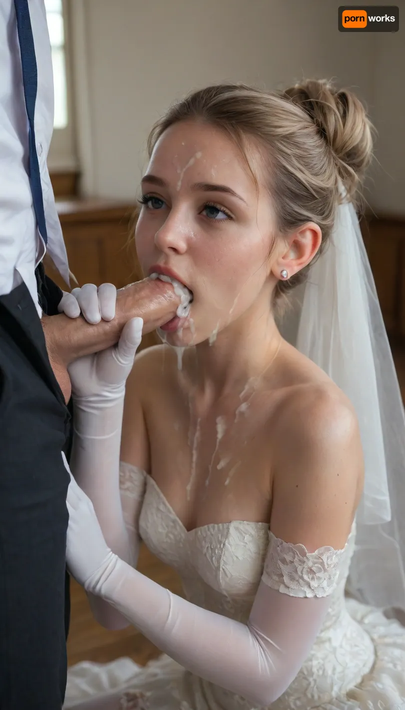 side view of a nerd norwegian supermodel in the middle of giving a man a handjob when it suddenly cums on her face, (fully clothed:1.3), (white wedding dress:1.3), (white stockings), (white elbow gloves), handjob, (sharp facial features), messy hair, cum on forehead, cum on chest, (cum drool:1.3), (cum leaking from mouth:1.6), she is kneeling down, (cum everywhere:1.6), (cumshot:1.6), (facial:1.6), cum on her hands, (she has a hair bun), (light blonde hair), erect penis, white male, male in front of female, huge penis, small breasts, happy, proud, cum on hair, (cum on face), faceless male, close up, huge cumshot