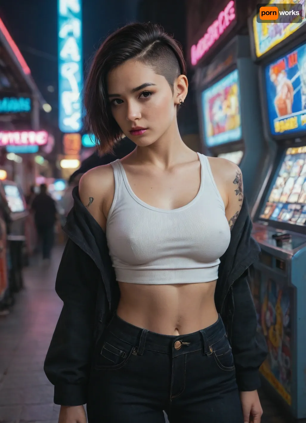 score_9, score_8_up, score_7_up, (UHD 8K, masterpiece, best quality, maximum details, night time, extreme realism, cinematic still), (neon lights), beautiful 21 years old asian girl, arcade, black hair, undercut hair, short hair, brown eyes, perky breasts, (navy hoodie sweater), loose white tank top, black cargo pants, black combat boots, skinny, pale skin, (((tattoos))), purple lipstick, black manicure, black pedicure, standing, worried