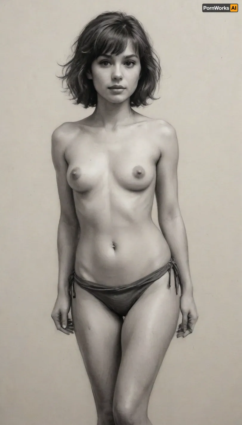 a drawing of a woman, 40 yo, brunette with a fringe, very small tits, one piece sarong, frizzy hair, cut leg, skin exposure, detailed but rough, sketches, detailed sketch, rough sketch, old sketch, sketch art, detailed penciling, matte sketch, highly detailed sketch, sketches wide angle view, realism, charcoal, drawing, <lora:EldritchCharcoalXL1.1:.5>