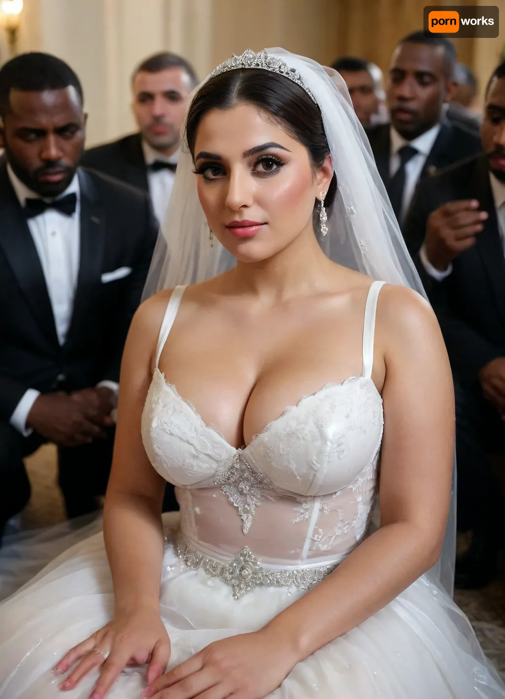 a close up image of Iranian curvy bride face in a sexy and erotic and elegance white plastic transparent wedding dress, one boob is exposed with her hand, sitting on the ground, in the middle of a group of black men, sad face, black men are happy.