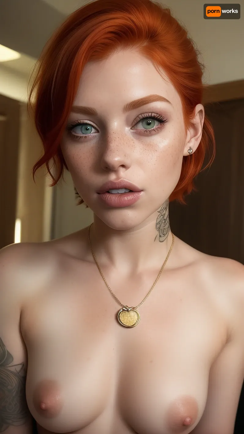 20 year old Woman, Incredibly beautiful, short ginger hair, messy hair, light green eyes, big eyes, camera focused on her neck amd face, lots of freckles on her face, juicy lips, licking her lips, open mouth, tattoos on her neck, rose tattoos on her cheeks, pierced nose, gold jewelry, half closed eyes, lust full look, lusty eyes, long eyelashes lashes, ginger, bttrfrckl, licking, lips, <lora:ginger_v03:.5>, <lora:ddll_v1:.5>, Jewel_Riley, (redhead:1.3), freckles, <lora:Jewel_Riley:.5>