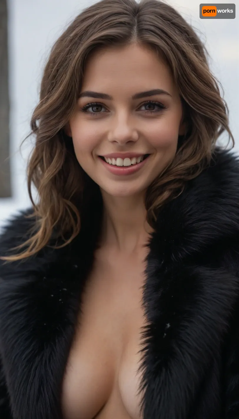 Cute Brunette, long messy hair, voluptuous body, ((((full body view))), over exposed photo, (high detailed skin:1.2), (detailed skin texture:1.1), (super detailed face:1.1), (highly detailed hair:1.1), 1 girl, pretty face, (detailed fur coat:1.3), vintage photo, ultra-realistic, 8k, ((hairy pussy)), brunette pubes, (detailed pussy), no panties, (fur), (((black fur coat))), (((naked top)), braid in hair, fog, snowy, snow, ice, perfect brown eyes, voluptuous, milky skin, smile perfect teeth, pov from top, vintage photography, lens flare on camera))