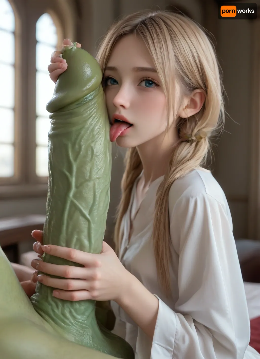 (giant green goblin), with, (giant green veiny cocks:1.6), ((skinny scandinavian princess)), in her bedroom, (licking cocks:1.7), (long blonde tall pigtails:1.4), ((skinny butt:1)), ((skinny legs:1)), full body. a second man with a massive cock is fucking her pussy