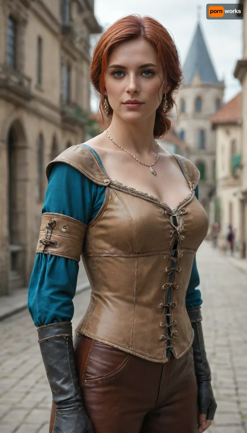 Triss marigold from the Witcher 3, ((tan leather doublet)), ((short blue leather doublet sleaves with pearls lined around the shoulders)), full arm brown leather gauntlets in a Renaissance style, light brown leather paints in a Renaissance style, brown combat leather boots in a Renaissance style