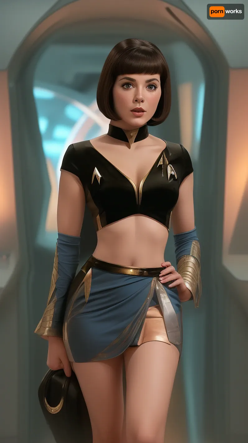 ((60s star trek, full figure, teasing domme, undressing)), i8 year old chinese woman, medium bob haircut, Sexy revealing original star trek uniform skirt, startrektos, uniform, dress, <lora:StartrekTosV3-000028:1>, m1chelley3oh