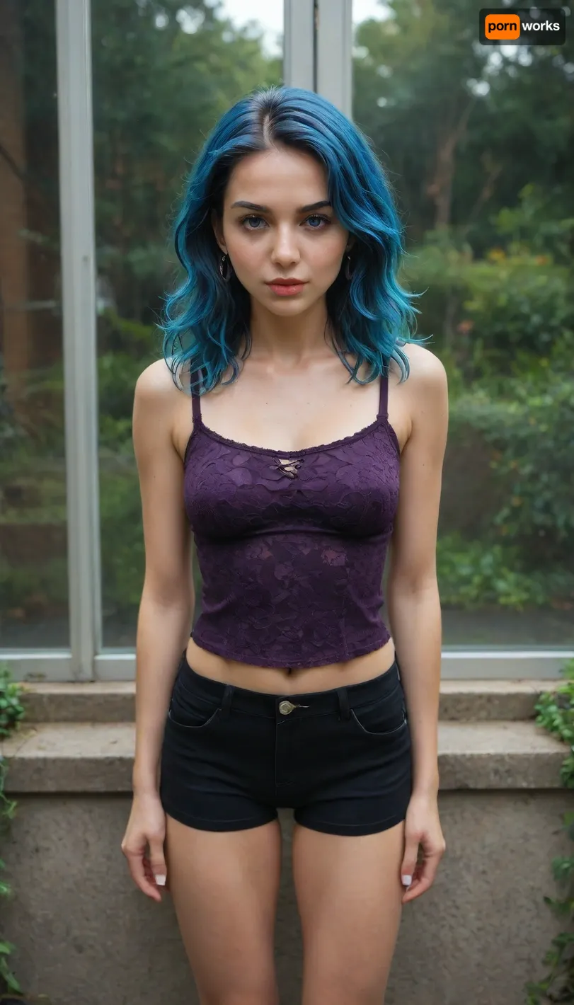 BREAK, masterpiece, best quality, highres, (perfect detail:1.5), (highly detailed:1.5), (high resolution:1.5), (best quality, masterpiece, colorful, dynamic angle, highest detailed), gothic, (high resolution textures), (abstract art), (intricate details, hyperdetailed:1.15), detailed, (official art, extreme detailed, highest detailed), HDR+, ((thigh gap)), (best quality), (ultra-detailed), (masterpiece), (perfect anatomy), expressive eyes, perfect face, a young_bluma with long blue hair. She is wearing a purple blouse and black shorts. Her hair is styled in loose waves and falls over her shoulders. She has a serious expression on her face and is looking directly at the viewer. The background is a light blue color sky, window, botanical garden. The overall style of the illustration is anime-style
BREAK saggy breasts focus, Scenery, shiny, curvy figure, (shiny skin:1.3), seductive smile