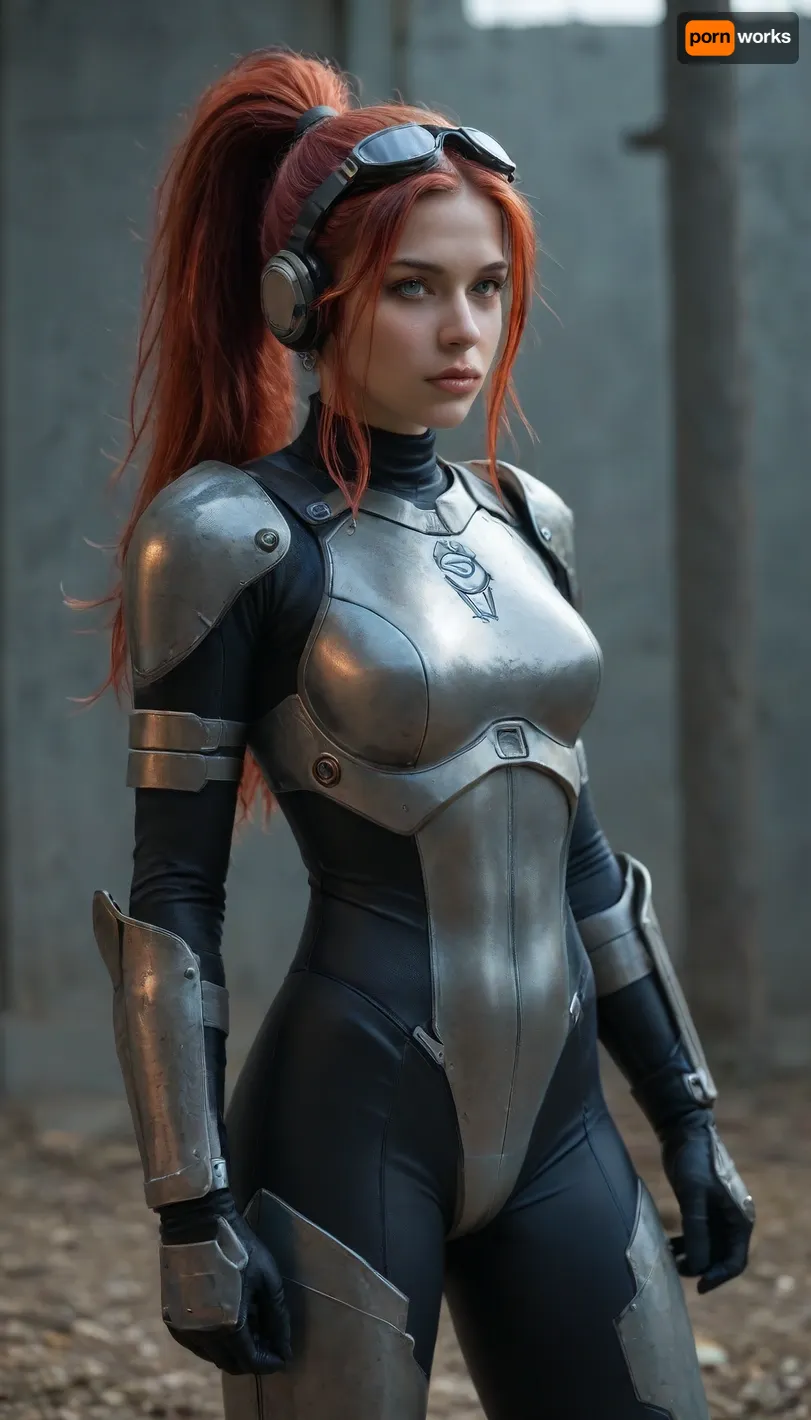 (masterpiece, best quality, ultra-detailed, absurdres, newest, detailed textures, correct anatomy:1), masterpiece, good quality, best quality, very awa, very as2, absurdres, highres, MarvelRivals, semi realistic, cartoon, srahkrrign, long hair, red hair, ponytail, breastplate, shoulder armor, bodysuit, goggles on head, headphones, gloves, skin tight, bracer, boots, cowboy shot, neon trim, glowing, frontal, novastarcraft, <lora:Nova:.5>