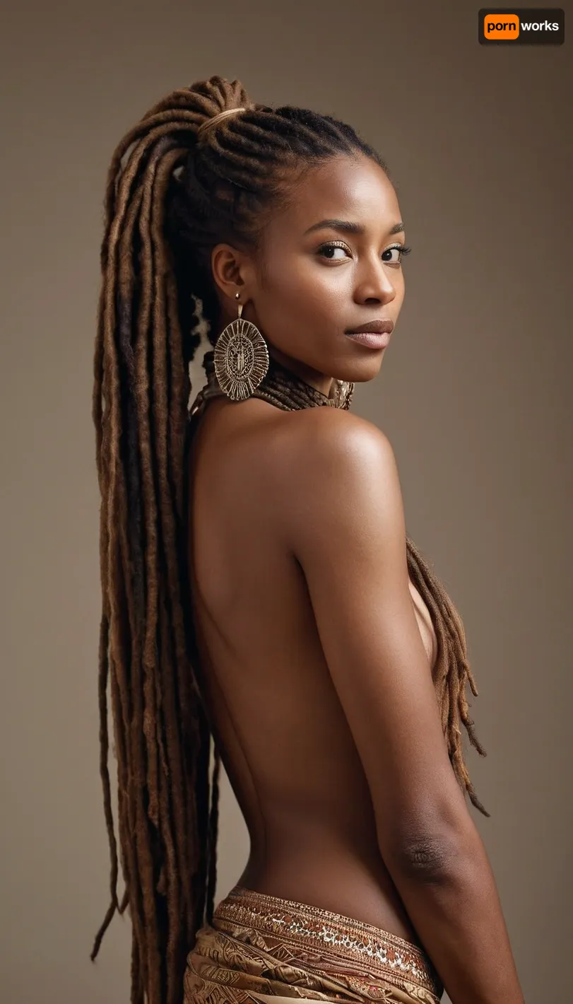 Tall, brown skin, long dreads, African, erected nipples, ponytail hair
