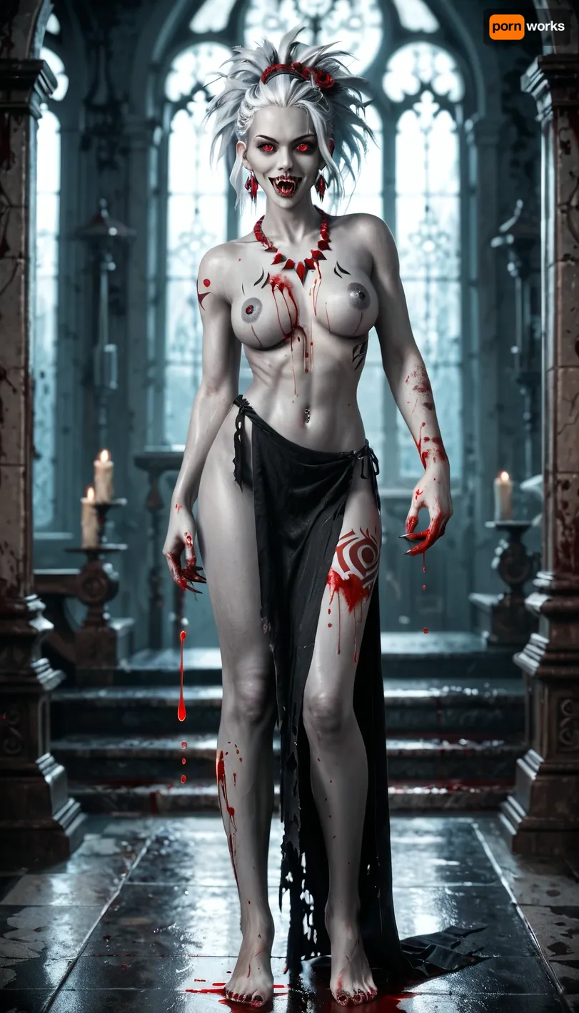 1 vampire girl, showing sharp vampire fangs, bloody hands, blood on body, long revealing black cloth, blood dripping from mouth, white hair, long Japanese hairstyle, gray skin, red eyes, multiple large red necklaces, nude, full body view, tribal tattoo on entire thigh, piercing, vampire castle at night 1 vampire girl, showing sharp vampire fangs, bloody hands, blood on body, long revealing black cloth, blood dripping from mouth, white hair, long Japanese hairstyle, gray skin, red eyes, multiple large red necklaces, nude, full body view, tribal tattoo on entire thigh, piercing, vampire castle at night