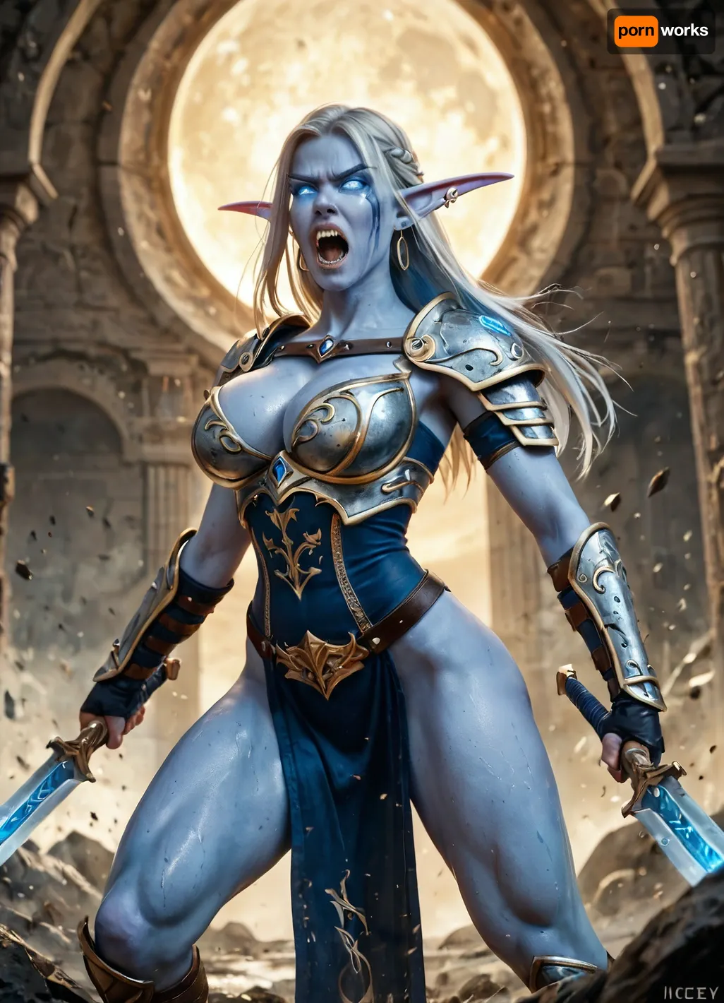 a tall athletic undead very busty elven warrior wearing utilitarian plate armor with no clothing underneath, (extremely long pointy night elf ears), she is slaughtering many orcs, dynamic side view, dynamic action combat pose, stern face, yelling, angry, slim waist, thigh gap, dual wielding elven weapons, icey skin, glowing eyes, blue skin, <lora:788512_training_data:.5>