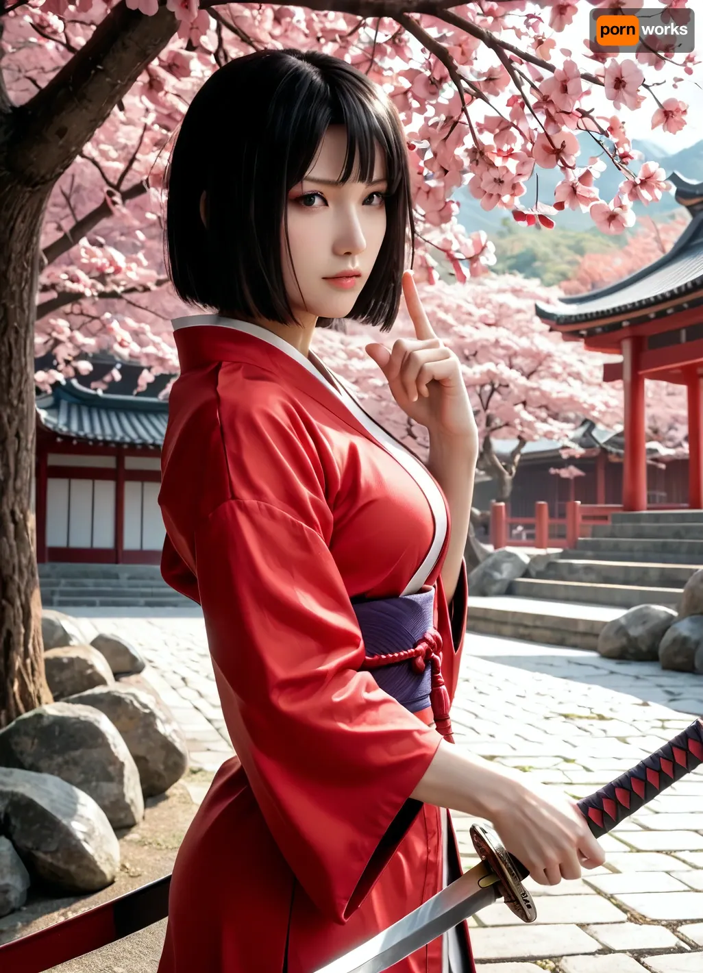 Japanese female warrior with perfect face and body, dark hair, in typical samurai uniform, outdoors, in a Japanese landscape near Mount Fuji during cherry blossom season, with drawn samurai sword in attack position, a samurai sword in her hands, side view, perfect hands, perfect finger, (5 Finger)