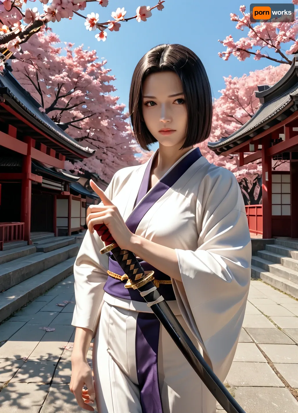Japanese female warrior with perfect face and body, dark hair, in typical samurai uniform, outdoors, in a Japanese landscape near Mount Fuji during cherry blossom season, with drawn samurai sword in attack position, a samurai sword in her hands, perfect hands, perfect finger, (5 Finger)