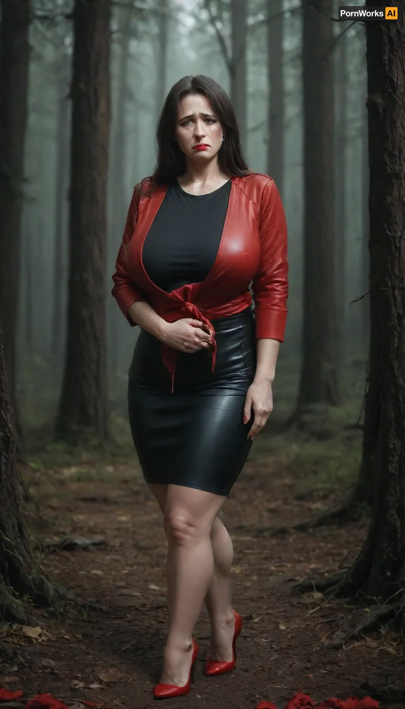 1/2 body view, soviet mature one woman, ((completely clothing)), ((in black skirt, black t-shirt and red leather jacket)), ((dark black long haircut)), 40 years old, perfect face, ((sad:1.3)), ((milf:1.4)), blue eyes, makeup, red lipstick, high heels, standing in forest, flashed her panties, microskirt, extremely, short, skirt, <lora:MicroSkirt_XL:.5>, <lora:580159_training_data:.5>