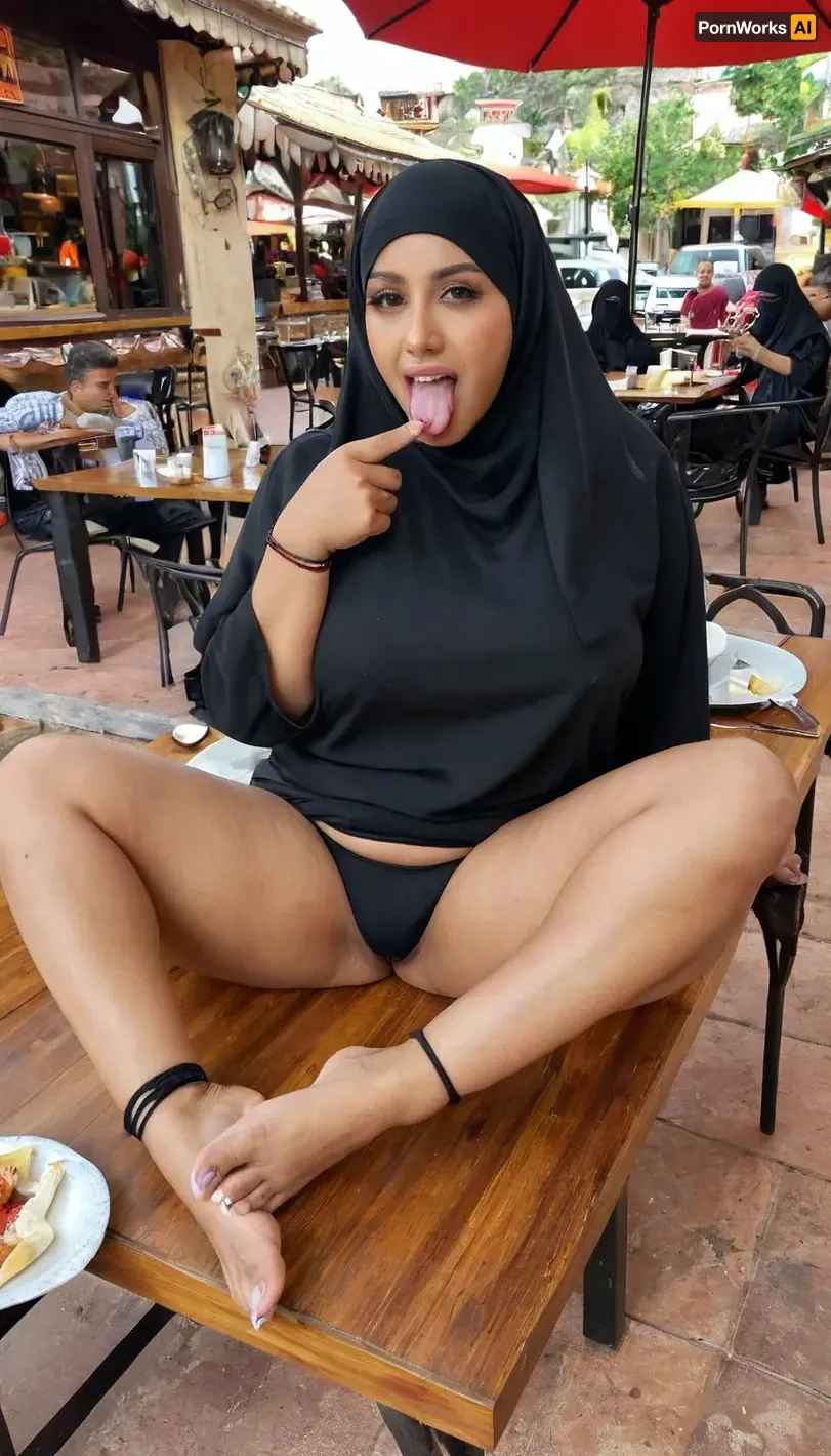 A sexy chubby arab dark skinned muslim woman with black hijab showing off her feet on a restaurant table outdoors, food on the table, people sitting the background, colours are candid shots she is wearing a black g string, her mouth is wide open and her tongue out, she is doing the quiet sign with her hand, (thighs), (restaurant), (muslim), (bare feet), (feet), (ankle bracelet), (black abaya), (black hijab), (tongue out)