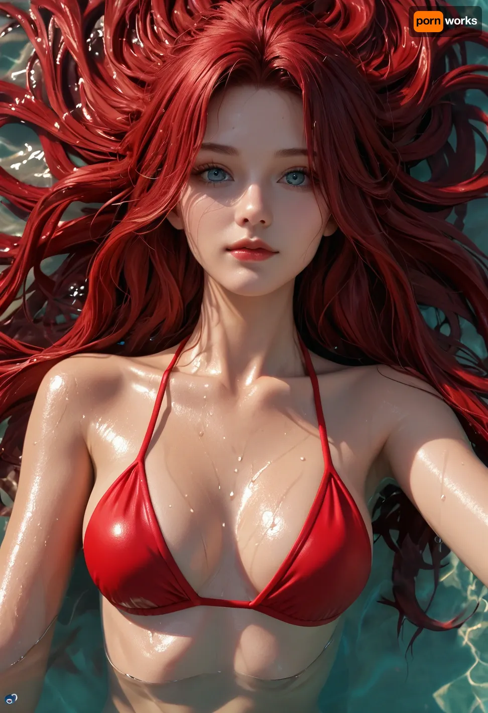 (25 years old russian girl with red long hairs), (red hairs), tall and slim body, in a red bikini, lying on the sea, pov from above, sunset, wet, higly detailed, masterpiece