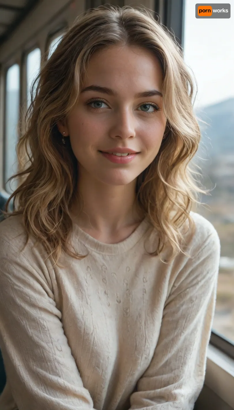 (large format photograph), of a solo, (beautiful, Norwegian:1.4), (woman), in her, (mid-20s), (messy long wavy hair, blonde hair with dark roots), (pale skin with, (subtle freckles:.5)), (strong wide jaw, defined jawline), wearing a comfortable pullover sweater, sitting, (solo), in a, (luxury train), with a view of, (scenic snowy mountain sunset), out the large window dominating the frame background, upper body, shot during the golden hour, soft diffused lighting, (eye level:1.4), (contended smile), highly detailed skin, subsurface scattering, 8k, uhd, ultra high quality, dslr, soft lighting, (shot on Pentax 645Z, Kodak Vision3 IMAX, dreamy haze, (in style of Oleg Oprisco:1.4)), <lora:more_details:.5>, <lora:polyhedron_all_eyes:.25>, <lora:polyhedron_new_skin_v1.1:.1>, <lora:mm_sd15_v2_lora_PanRight:.3>