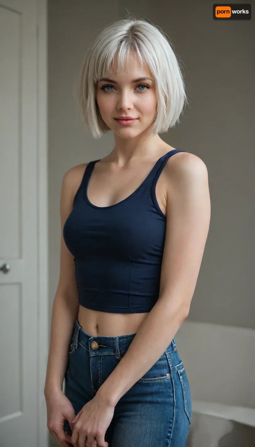 bright white hair, (bob cut:1.4), a sweet smile, sexy 19yo in tight blue jeans and dark blue tanktop, stands infront of you, uneasy apprehension