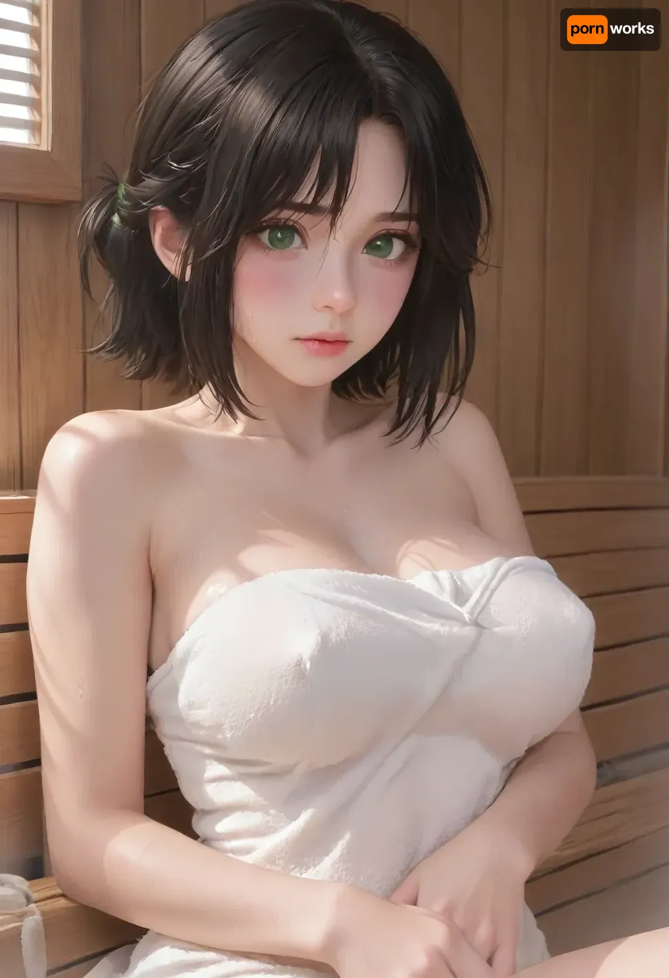 (1girl, black hair, green eyes, pony tail style hair), beautiful face, blush, freckles, hands resting on tits, big breasts, perfect body, erect nipples, (towel wrapped around body), orgazem, sweating, masturbating, sauna, ratatatat74, <lora:cartoon_stickers_xl_v1:.6>, <lora:ratatatat74-000050:1>, <lora:gotou_hitori_xl:1.2>