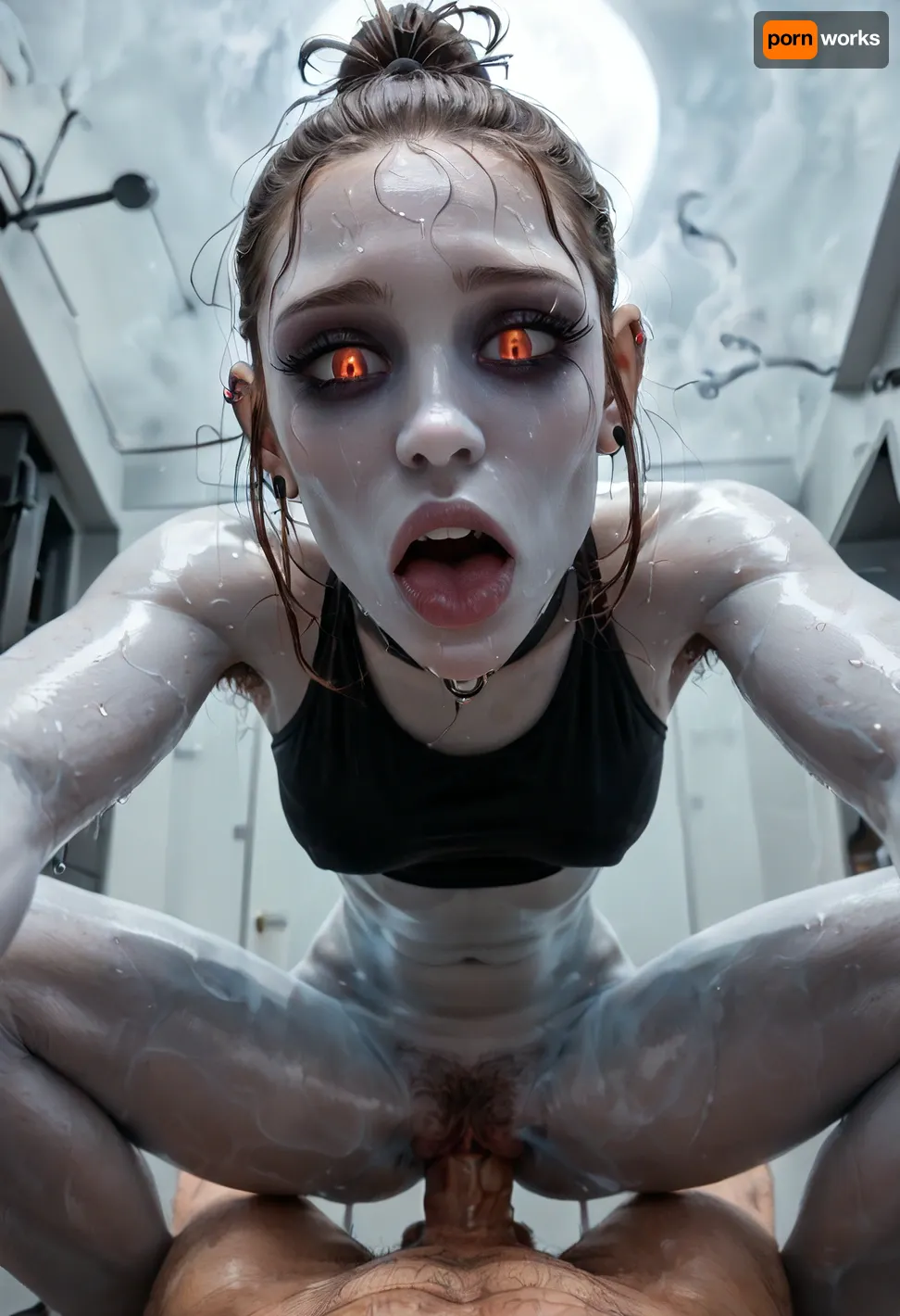 (20 yo woman), (sexy goth demon), (ghostly skin:1.6), (pov squatting cowgirl vaginal sex), (yandere face), (hard thick cock, ultra large cock), (view from below, bending forward:1.4), (face focus, close face:1.2), (brown hair, tied ponytail, very Large forehead:1.1), (white pale skin, Skinny, Anorexia, Visible limbs), (Hairy pussy, Hairy Armpits, Hairy Butthole), (Sweaty body, Sweating), (stinky feet, strong smell), (fog from sweating, lots of fog, lots of smoke)