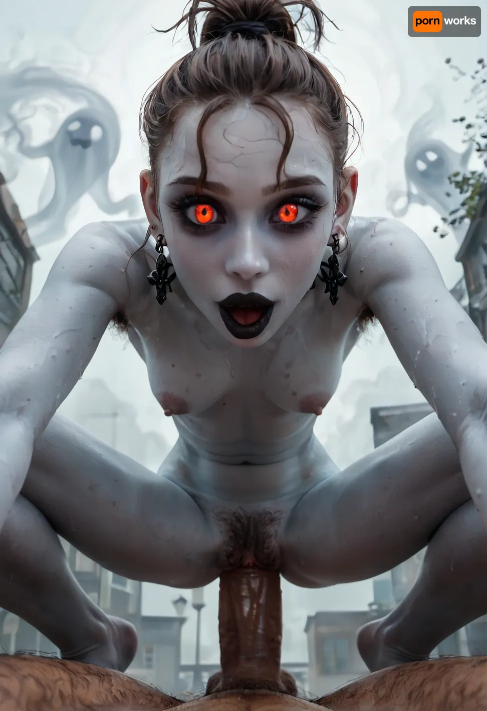 (20 yo woman), (sexy goth demon), (ghostly skin:1.6), (pov squatting cowgirl vaginal sex), (yandere face), (hard thick cock, ultra large cock), (view from below, bending forward:1.4), (face focus, close face:1.2), (brown hair, tied ponytail, very Large forehead:1.1), (white pale skin, Skinny, Anorexia, Visible limbs), (Hairy pussy, Hairy Armpits, Hairy Butthole), (Sweaty body, Sweating), (stinky feet, strong smell), (fog from sweating, lots of fog, lots of smoke)