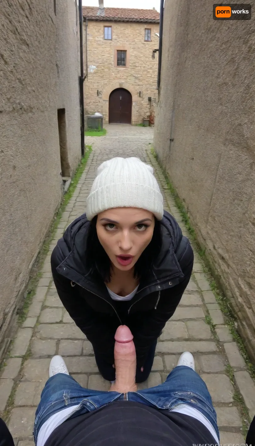 pov image, I show my cock to a girl in her 40s, with black hair, hair gathered on the head, 1.50 m tall, with a black down jacket, skinny jeans trousers with exposed ankles, and white adidas shoes, in an alley of a medieval village, big cock in the image, ultra disgusted face