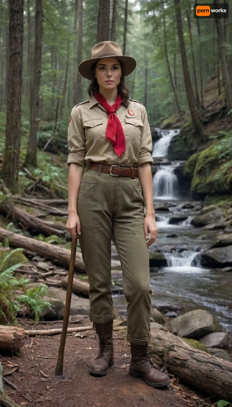 Scoutmaster woman, scout uniform, kaki shirt with red neckerchief, olive scout pants, Stetson campaign hat, holding a wooden walking staff, in the woods in the mountains, moody, forest, creek, waterfall, North, American, trees, plants, wide, portrait, realistic, Daha, <lora:363711_training_data:.8>, <lora:XL_FD-ForestTrail-R16:.8>, <lora:Nature SDXL:.8>, <lora:Daha [tsvgtn18f5e2f1ec0ic63]:.8>