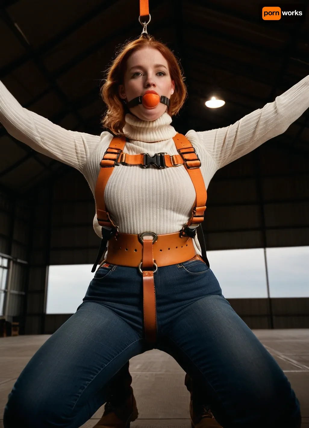 (Heavy parachute harness with very many thick light brown straps), close up body view from the front, slightly chubby redhead with huge tits and a tight ass, wearing a fluffy thick white irish wool turtleneck sweater and tight stonewashed jeans, (wearing a safety parachute harness with many dark orange puffy nylon straps), hanging in her harness from the ceiling of an immense airplanehangar, suspended standing in the parachute harness high above the floor, gloved hands bondage strapped, light brown ball gag, best quality, timberland shoes, perfect lighting, ultra high detail, detail, <lora:gagged-4e:.8>