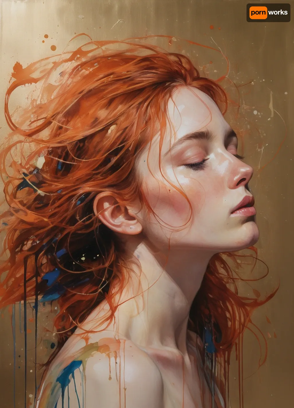 A mesmerizing portrait of a woman by Agnes Cecile, reimagined with luminous design and pastel hues. Copper brush strokes dance across the canvas, ranging from light rose gold to deep bronze and hints of greenish-blue. These strokes create a partial frame, accentuating the woman's features with delicate highlights on hair and facial contours. Sweeping copper strokes in varying opacities add depth and movement to the background, seamlessly blending with existing ink drips. Textured brushes mimic real copper paint, alternating between thin and bold strokes for visual intrigue. The copper elements interact with autumn lights, catching and reflecting luminous highlights. Pastel colors and ink drips harmonize with the metallic accents, creating a multi-layered, tactile experience. The final piece balances luminous qualities with copper elegance, resulting in a breathtaking fusion of traditional and contemporary artistic techniques., (style of Agnes Cecile, painting, brush strokes, canvas:1.6)