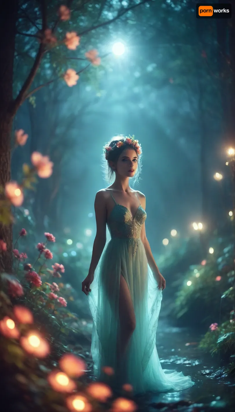 (8k analog photo, faerie landscape:1.2), a, (faerie strange:1.1), forest at night with, (glowing:1.1), flowers, river, vibrant colors, <lora:M05_Intensify:1>