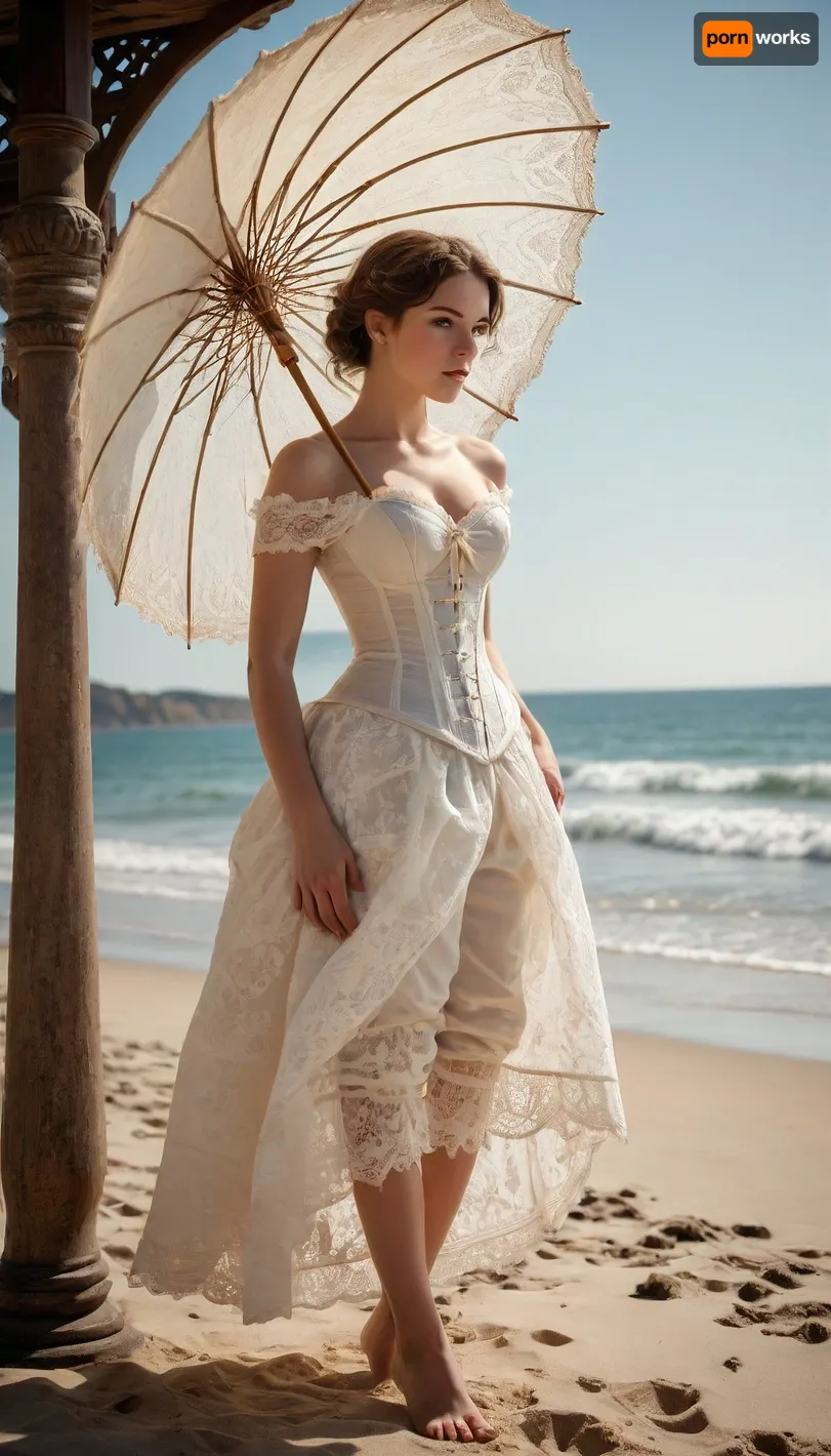 photorealistic image, 8K quality, A 19th century young lady under a lace parasol, in lace knee-length pantaloness and a corset unboned to the waist, sunny day, beach, seashore, full body in frame