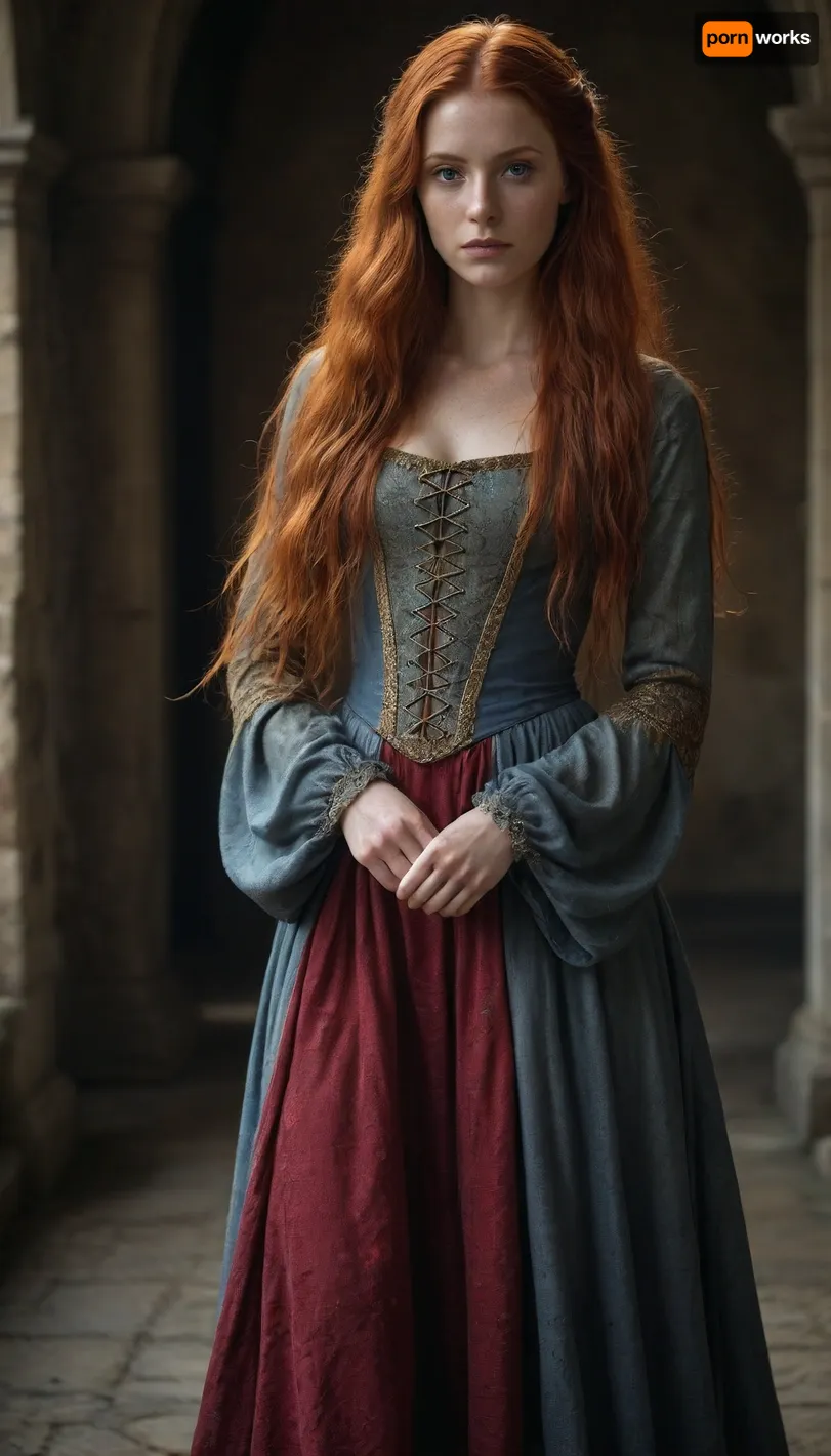 Girl with long red hair wearing a long medieval dress with a wet stain around her groin.