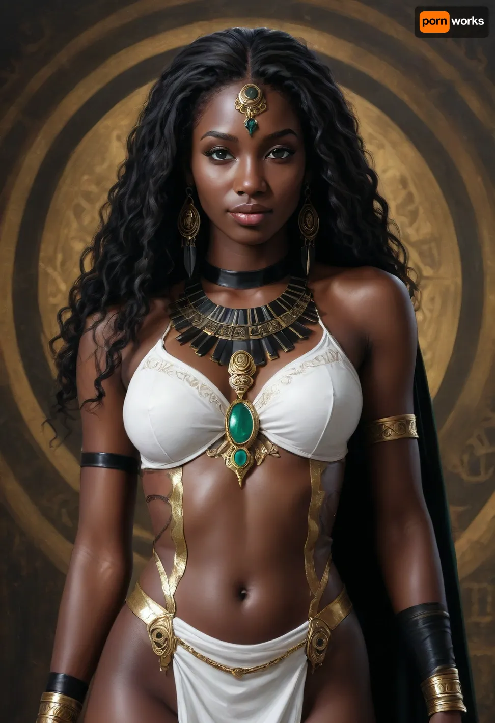 Photorealistic, absolutely black skin, deep ebony skin, African, Nigerian, Nubian, (((absolutely black skin))), . Beautiful female maiden warrior, d&d character, fantasy, night elf wearing letters dress, bone necklace, sleek long hair, (((hair the color of emerald))), ((very heavy black ebony:1.8)), ((hair the color of gold)), tall, psychotic, smiling, intricate details, iridescent, vivid colours, trending on artstation, Jean Baptiste Monge, Michael Garmash art capturing the style of Aaron Horkey, Jeremy Mann and Luis Royo, body-focused composition from a low angle, alluring figure, dark fantasy, dynamic composition, black, white colors, red lipstick, warm hues, rendered in colorful ink flow, showcases acrylic calligraphy, watercolor techniques integrated seamlessly into a maximalist masterpiece, detailed with gouache fluidity, golden hour light, hyperrealism, hypperrealistic, hyperdetailed, 64k, ultraHDR, cunfront, cunback, cunabove, cunbelow, cunpov, female_pov, ass, head, between, thighs