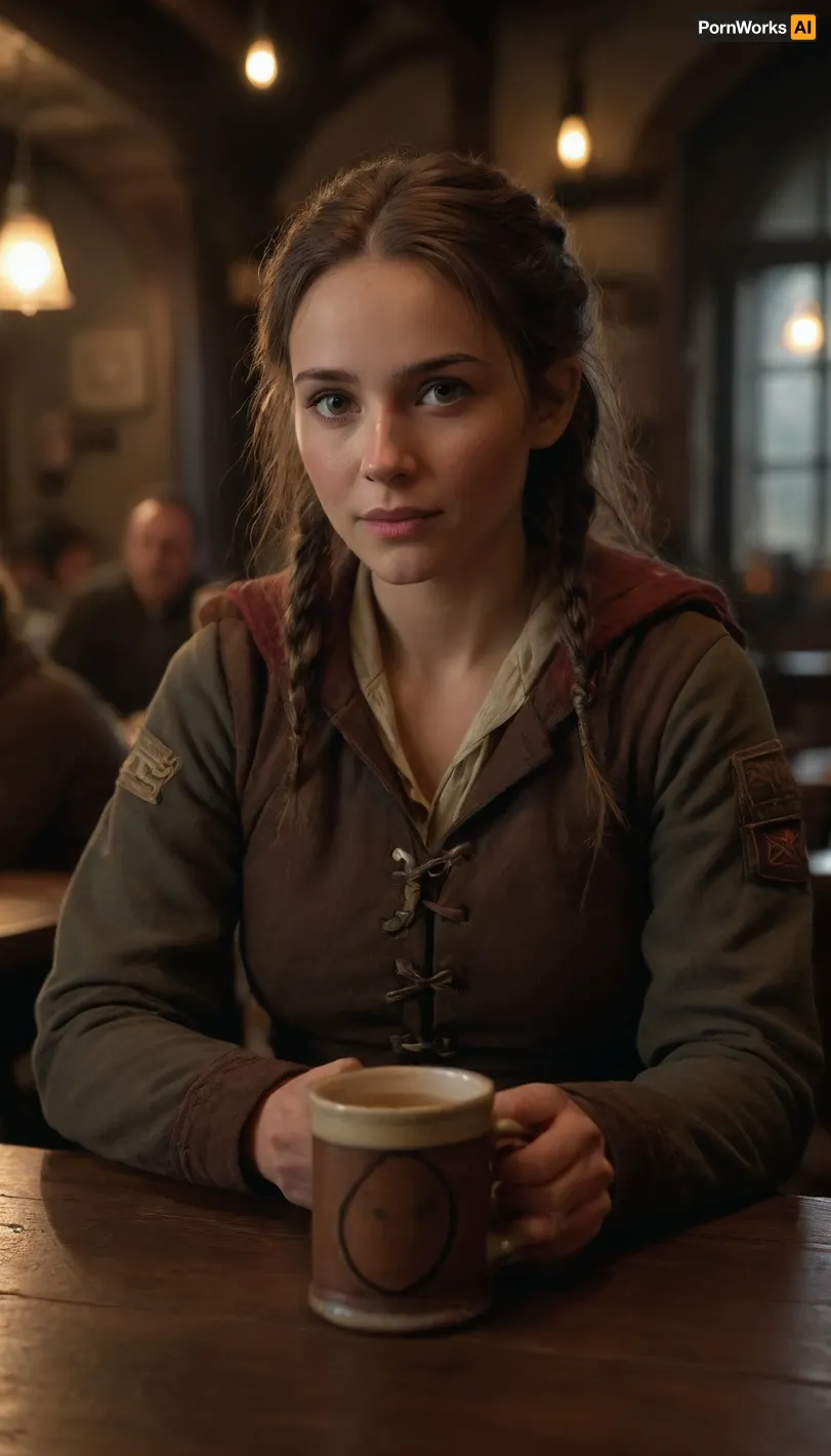beauty, masterpiece, very detailed face, (perfect lighting:1.4), highest quality, high detail, high resolution, 4K, 1 girl, warrior, adventurer, ((adventurer's clothes:1.2)), mug of ale in hand, sitting at a table, tavern, public place, <lora:more_details:.5>