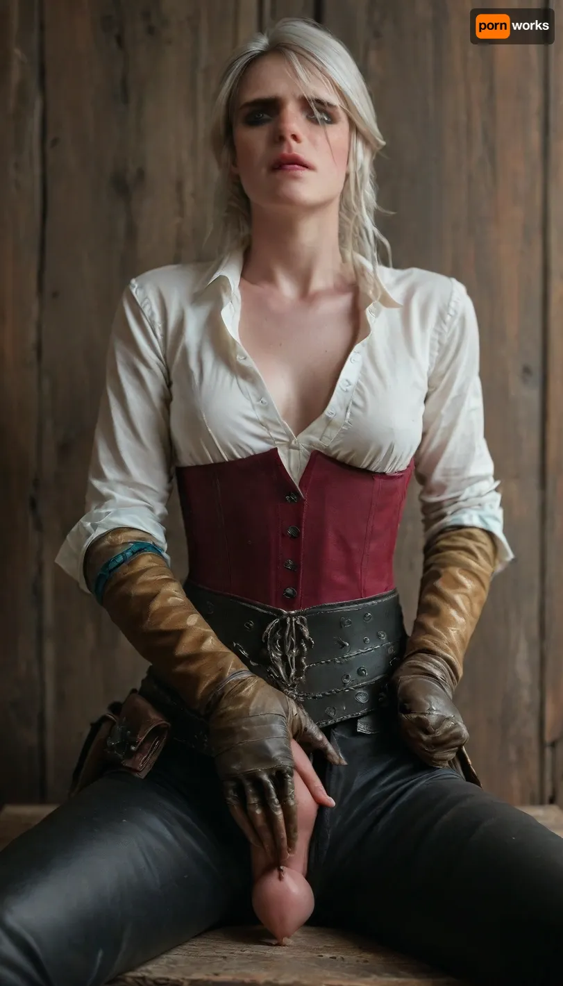 ciri from the witcher 3 in her white blouse unbuttoned and a short dark red corset over the blouse, black leather pants, leather gauntlets, leather belt with a sheath and leather pouch, hkstyle, sitting down, legs spread, masterbating, masturbation, orgasmic face expression, breasts exposed, <lora:MJ52:.4>, <lora:hkstyleV5:.4>, <lora:253562_training_data:.9>