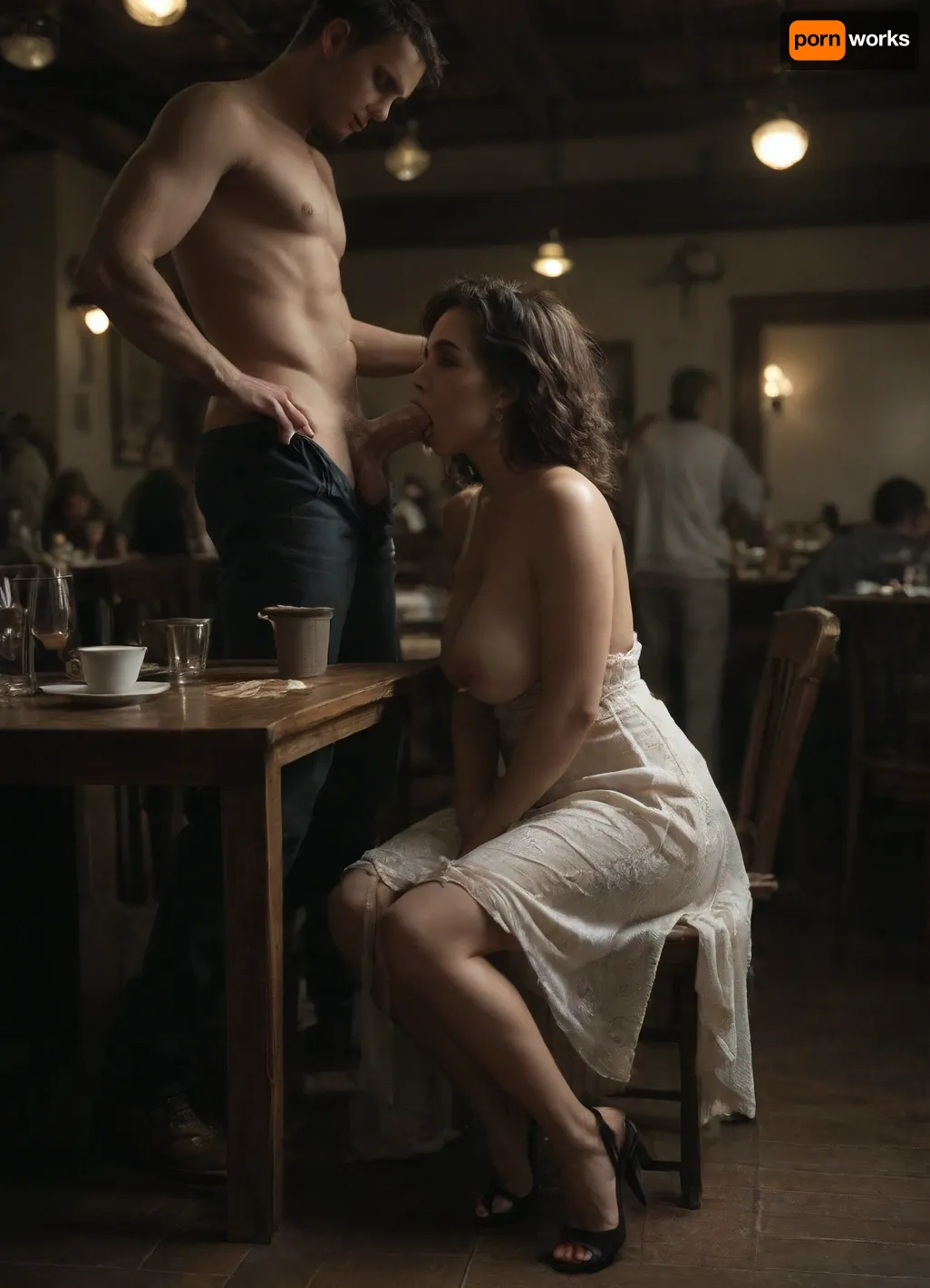 Masterpiece, best quality, extreme detail, very mature topless milf, summer dress, one breast hanging out, sitting at a table in a restaurant on an open terrace, party, crowded public place, drinking coffee, a man with a thick dick stands next to a milf, the milf leaned over to the man and started giving him a blowjob at the table, deep throat blowjob, full body view, (cum:1.4), <lora:dark:.5>