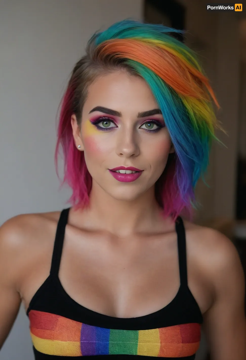 (crazy ex-girlfriend, feisty, fierce, mischievous, playful, spunky, bad influence, naughty, trouble maker, rebellious, passionate:1.6), (stunning body, playful attitude, mischievous expression, mischievous smirk:1.2), (fit body, soft breasts:1.4), (lgbt girl, rainbow makeup, pride makeup:1.8), (snapshot aesthetic, candid snapshot:1.6), (expressive eyes, large eyes, mischievous eyes, captivating eyes:1.2), (rainbow hair, pastel hair cut in stylish textured layers, voluminous stylish hair, punk hair:1.4), (natural lighting, naturally lit, ambient lighting:1), (soft shadows on her face:.9), taken with a smartphone camera, snapshot style, point-and-shoot, shallow depth of field, (natural phone bokeh, lens flare:1.1), slightly off-center composition, natural framing, medium shot, soft focus on background, ziprealism