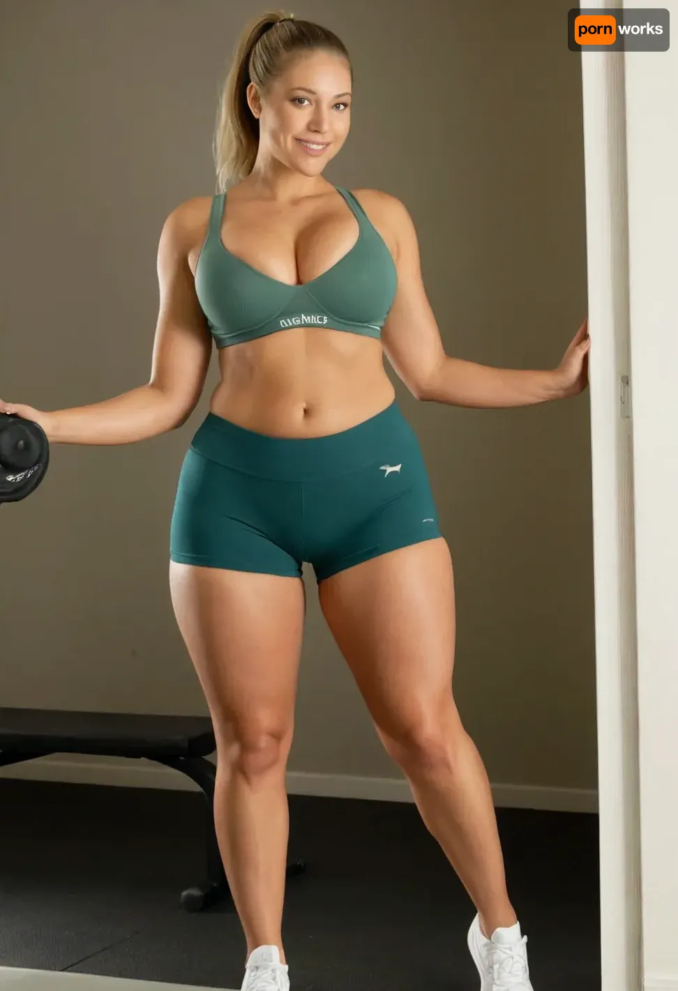 Full body photo, Raw picture, iPhone 15 pro photo, warm light, Average german mature woman with brown hair with blonde highlights in a single ponytail, 55 years old, looking at the, smiling, natural boobs, (hourglass shaped body, wide hips:1), (142cm height:1), (extremely short torso:1), and, (extremely short legs:1), (extremely short stature:1), ((small frame body:1)), ((disproportionately massive head:1)), narrow shoulders, standing in a changing room, face focus, flashphoto, dark tan-lines, sun tanned skin, showing her natural boobs, dark light, skin detailed with skin imperfections, dark-green and grey colored underwear and sports-bra, psdunderw3ar, activewear, sports-bra, boy-shorts, solo, <lora:PSD-Underwear-XL-000006:.55>, <lora:Venus_Body_Alpha:.65>, <lora:InflationXL:.6>, <lora:bralessSDXL_v1_00022:.5>